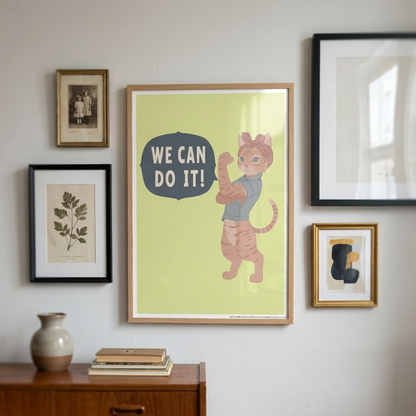 Gloss Poster Girl Power We Can Do It Cat Poster, Cute Feminist Cat Wall Art, Motivational Kids Room Decor, Gift for Cat Lovers