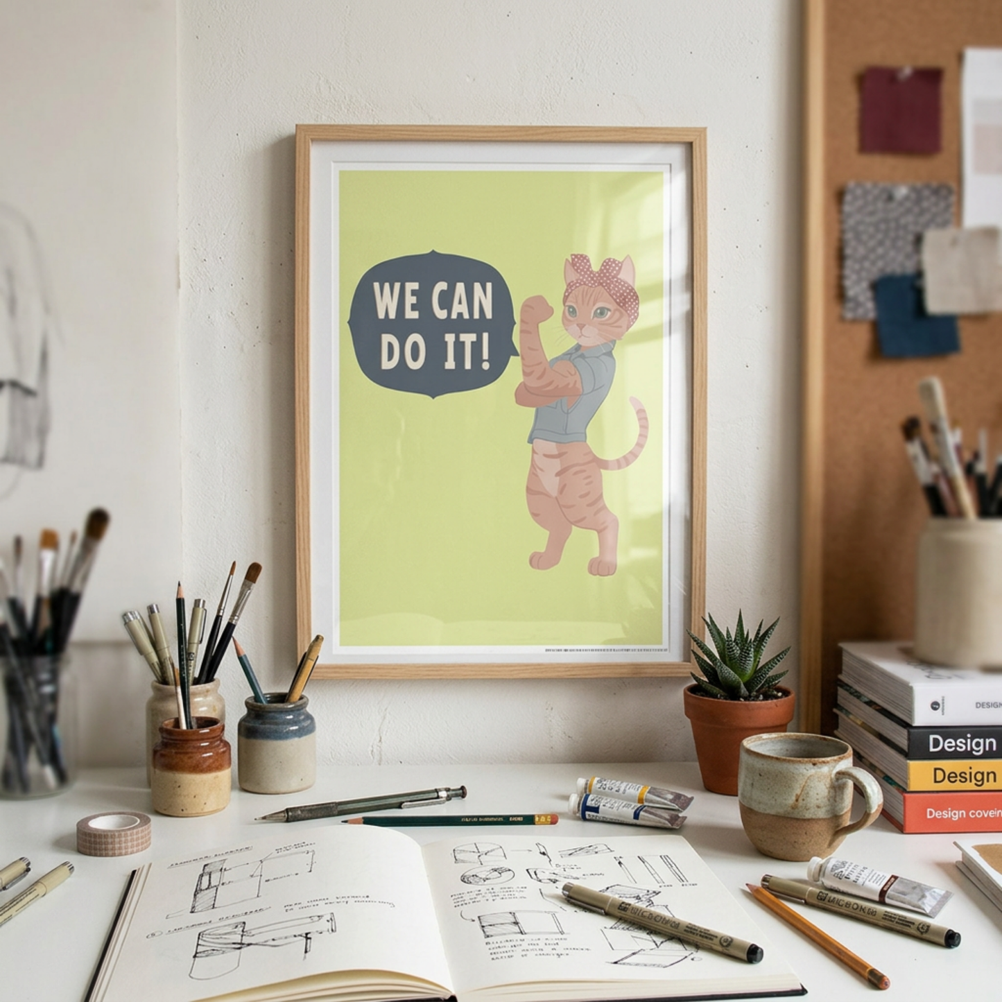 Gloss Poster Girl Power We Can Do It Cat Poster, Cute Feminist Cat Wall Art, Motivational Kids Room Decor, Gift for Cat Lovers