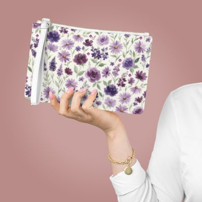 Purple Floral Pattern Clutch Bag | Lavender Roses Daisies Wristlet