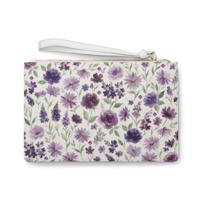 Purple Floral Pattern Clutch Bag | Lavender Roses Daisies Wristlet