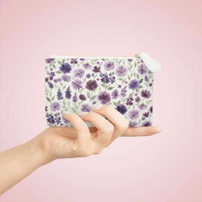 Purple Wildflower Pattern Mini Clutch Bag | Floral Zipper Pouch