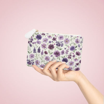 Purple Wildflower Pattern Mini Clutch Bag | Floral Zipper Pouch