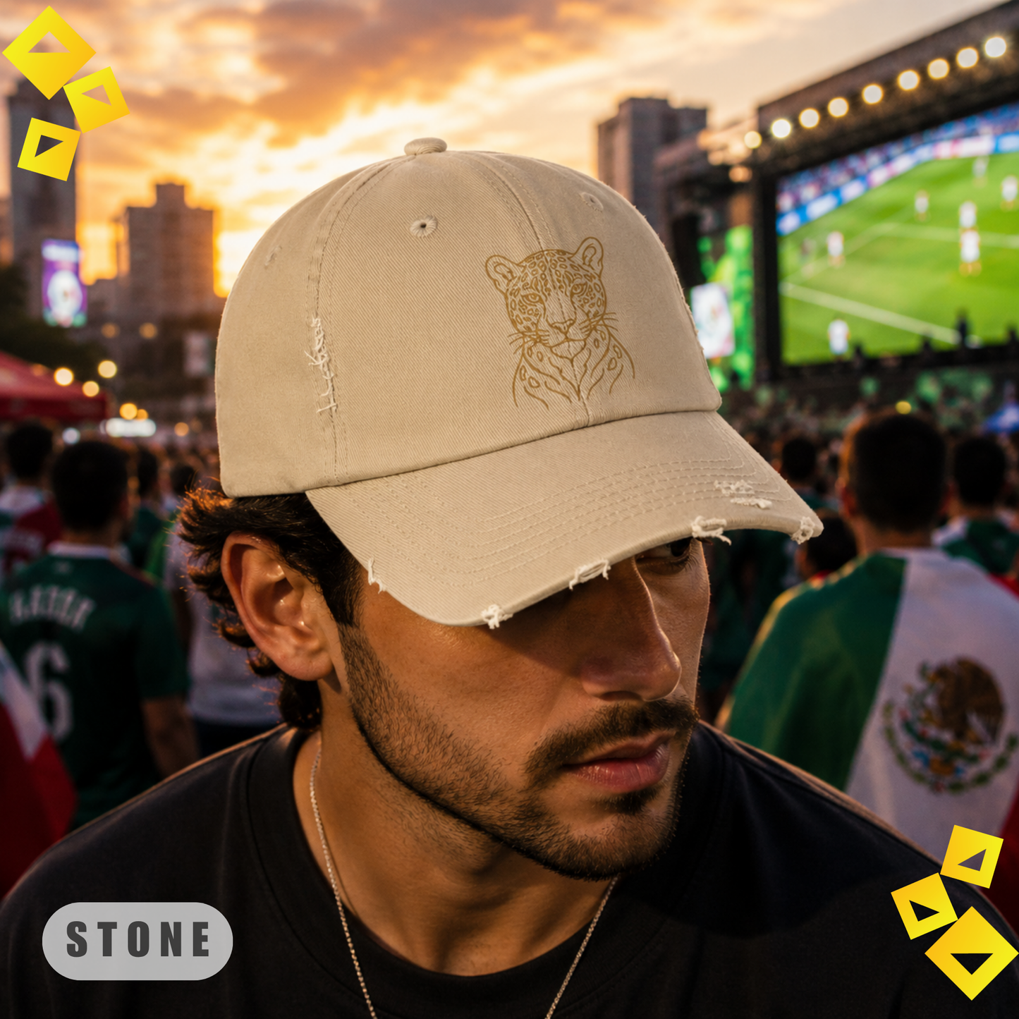 Unisex Distressed Cap, Gold Leopard Line Art Hat, World Cup 2026 Fan Cap, Wild Cat Graphic, Vintage Sports Gift