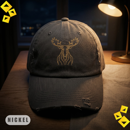 Unisex Distressed Cap, Golden Minimalist Moose Line Art Hat, World Cup 2026 Fan Cap, Wildlife Graphic, Nature Sport Gift