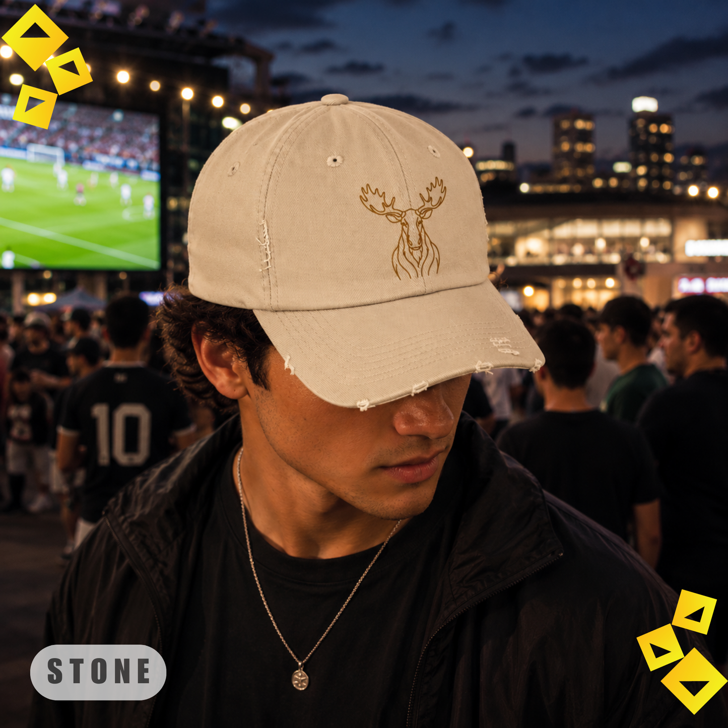 Unisex Distressed Cap, Golden Minimalist Moose Line Art Hat, World Cup 2026 Fan Cap, Wildlife Graphic, Nature Sport Gift