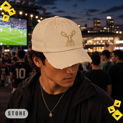 Unisex Distressed Cap, Golden Minimalist Moose Line Art Hat, World Cup 2026 Fan Cap, Wildlife Graphic, Nature Sport Gift