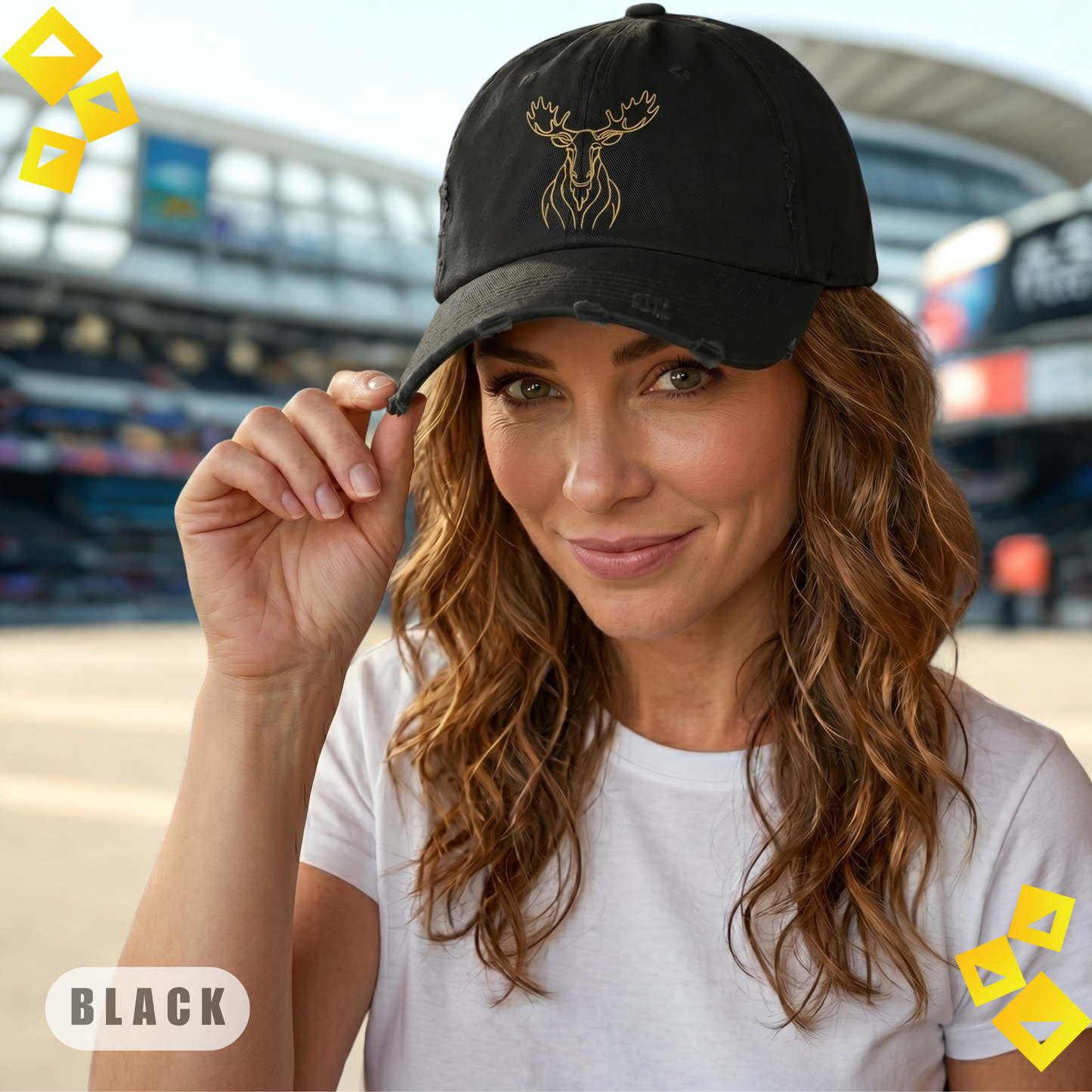 Unisex Distressed Cap, Golden Minimalist Moose Line Art Hat, World Cup 2026 Fan Cap, Wildlife Graphic, Nature Sport Gift
