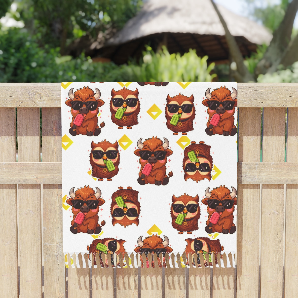 Beach Towel | Bison & Owl Popsicle Pattern | Boho Summer Vibe for Animal Lovers and Outdoor Fun
