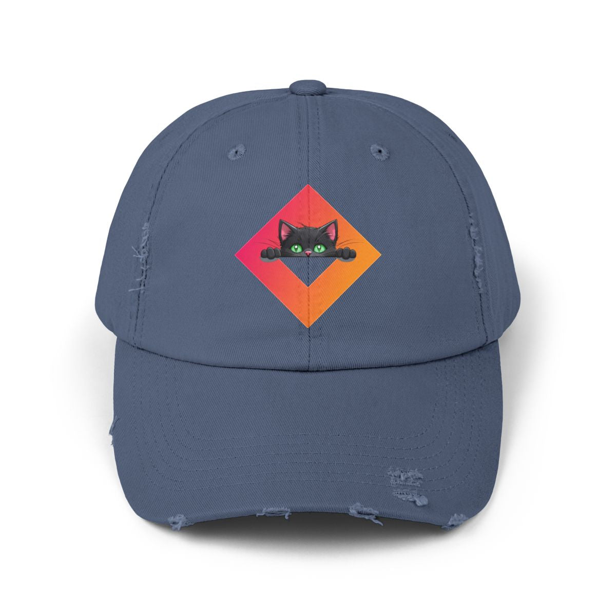 Distressed Cap Green-Eyed Cat Design – Vintage-Style Hat for Cat Lovers