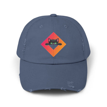 Distressed Cap Green-Eyed Cat Design – Vintage-Style Hat for Cat Lovers