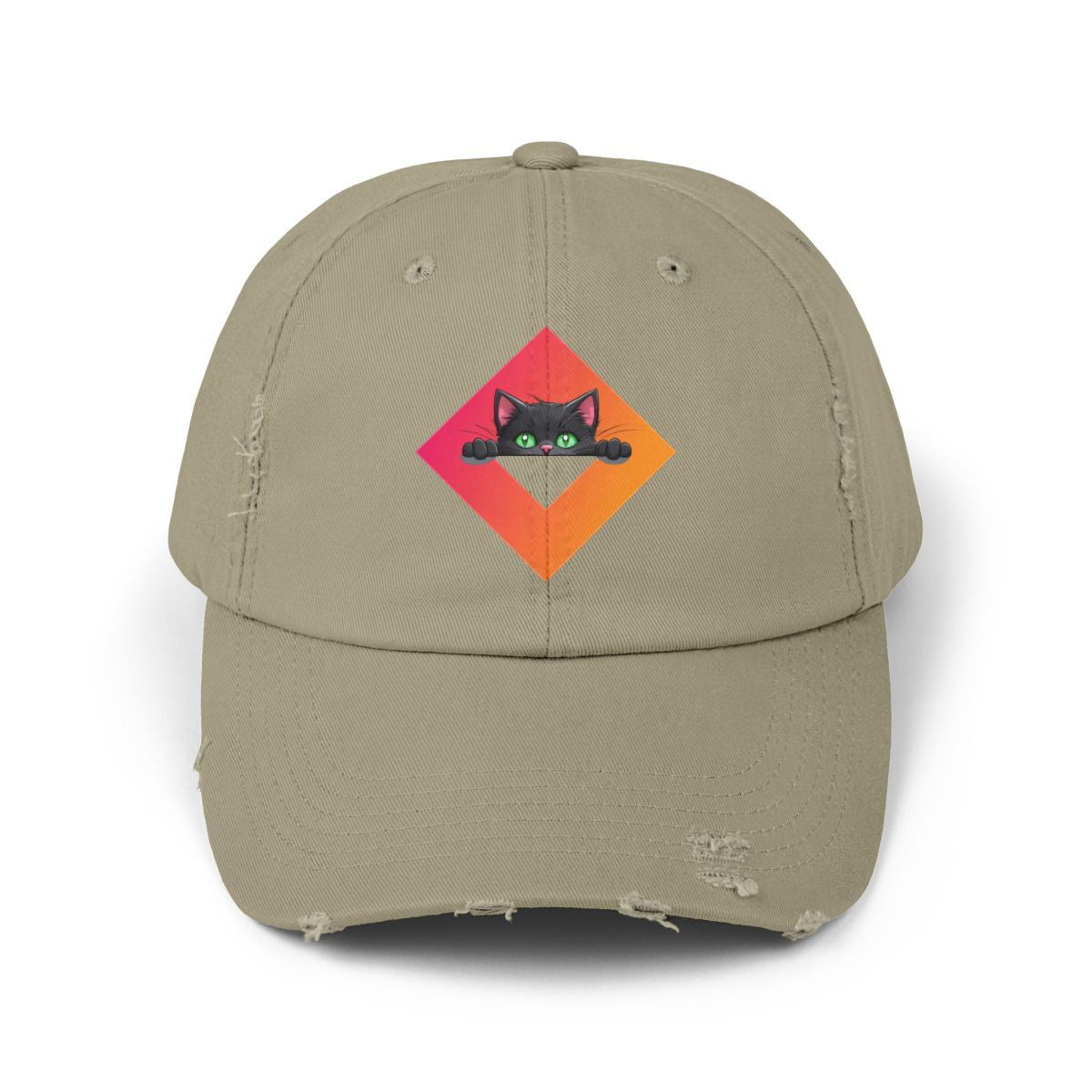 Distressed Cap Green-Eyed Cat Design – Vintage-Style Hat for Cat Lovers