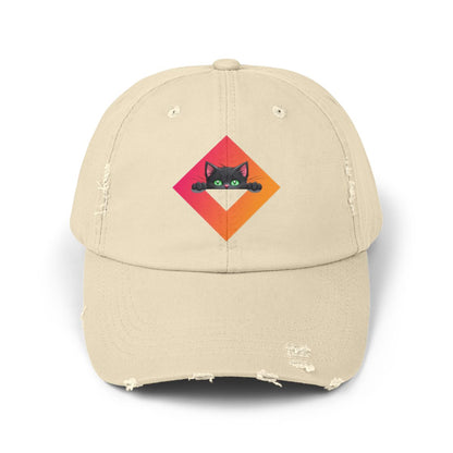 Distressed Cap Green-Eyed Cat Design – Vintage-Style Hat for Cat Lovers