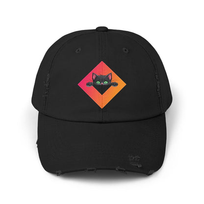 Distressed Cap Green-Eyed Cat Design – Vintage-Style Hat for Cat Lovers