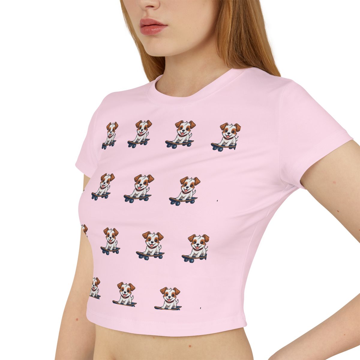 Baby Tee Woof-tastic Vibes Only – Playful Puppy Skateboard Design – Fun Women’s Shirt with Cool Vibes