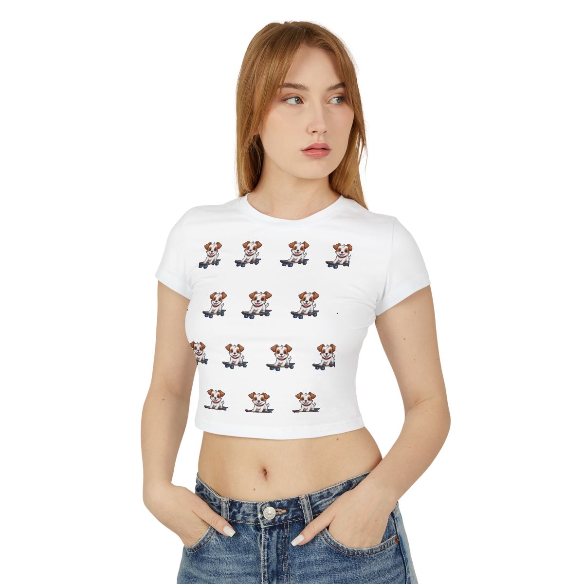 Baby Tee Woof-tastic Vibes Only – Playful Puppy Skateboard Design – Fun Women’s Shirt with Cool Vibes
