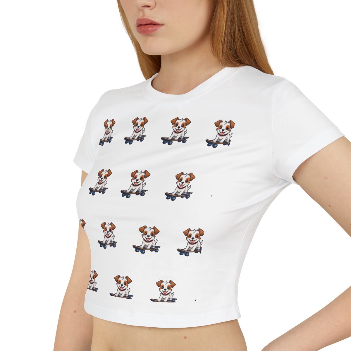 Baby Tee Woof-tastic Vibes Only – Playful Puppy Skateboard Design – Fun Women’s Shirt with Cool Vibes