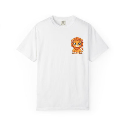 Unisex Garment Dyed T-Shirt, Small Lion Chest Design, Kawaii Lion Illustration Tee, Subtle Animal Detail Shirt, Gift for Animal Lover