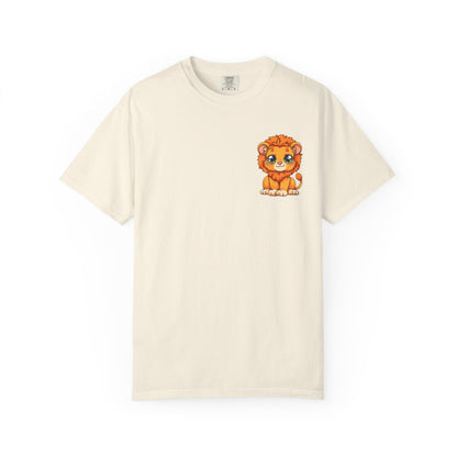 Unisex Garment Dyed T-Shirt, Small Lion Chest Design, Kawaii Lion Illustration Tee, Subtle Animal Detail Shirt, Gift for Animal Lover