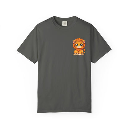 Unisex Garment Dyed T-Shirt, Small Lion Chest Design, Kawaii Lion Illustration Tee, Subtle Animal Detail Shirt, Gift for Animal Lover