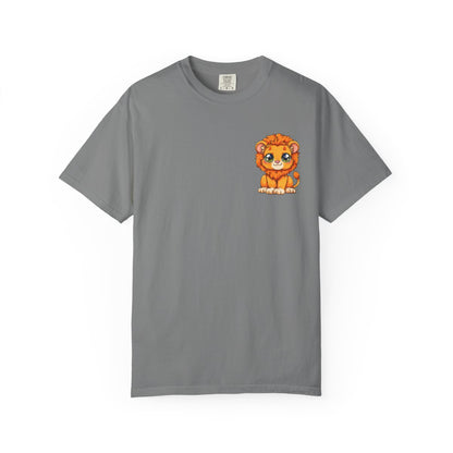 Unisex Garment Dyed T-Shirt, Small Lion Chest Design, Kawaii Lion Illustration Tee, Subtle Animal Detail Shirt, Gift for Animal Lover