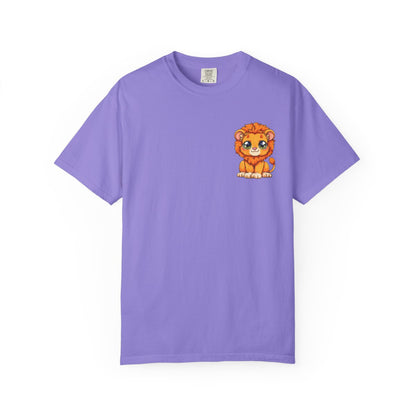 Unisex Garment Dyed T-Shirt, Small Lion Chest Design, Kawaii Lion Illustration Tee, Subtle Animal Detail Shirt, Gift for Animal Lover