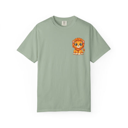 Unisex Garment Dyed T-Shirt, Small Lion Chest Design, Kawaii Lion Illustration Tee, Subtle Animal Detail Shirt, Gift for Animal Lover