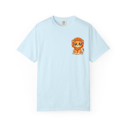 Unisex Garment Dyed T-Shirt, Small Lion Chest Design, Kawaii Lion Illustration Tee, Subtle Animal Detail Shirt, Gift for Animal Lover