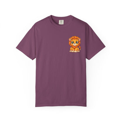 Unisex Garment Dyed T-Shirt, Small Lion Chest Design, Kawaii Lion Illustration Tee, Subtle Animal Detail Shirt, Gift for Animal Lover