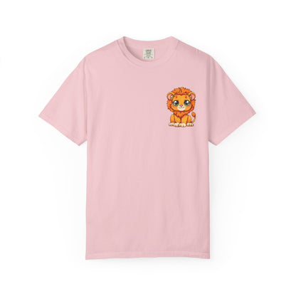 Unisex Garment Dyed T-Shirt, Small Lion Chest Design, Kawaii Lion Illustration Tee, Subtle Animal Detail Shirt, Gift for Animal Lover