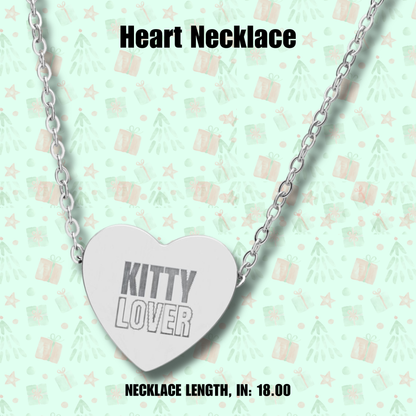 "Heart Necklace - ""Kitty Lover"" Engraved Pendant - Cute Holiday Jewelry Gift for Cat Lovers"