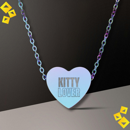 "Heart Necklace - ""Kitty Lover"" Engraved Pendant - Cute Holiday Jewelry Gift for Cat Lovers"