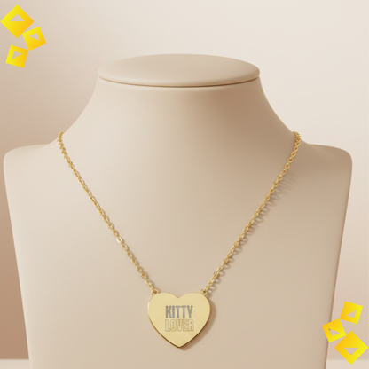 "Heart Necklace - ""Kitty Lover"" Engraved Pendant - Cute Holiday Jewelry Gift for Cat Lovers"
