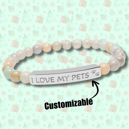 Custom Pet Lover Bracelet - Natural Stone Beads with Engraved Bar - Personalized Paw Print Jewelry Gift