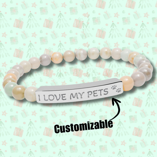 Custom Pet Lover Bracelet - Natural Stone Beads with Engraved Bar - Personalized Paw Print Jewelry Gift