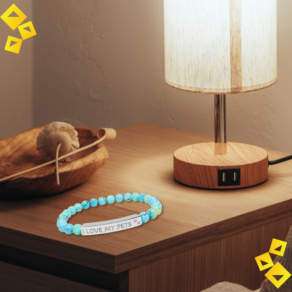 Custom Pet Lover Bracelet - Natural Stone Beads with Engraved Bar - Personalized Paw Print Jewelry Gift