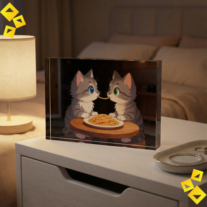 Photo Block - Romantic Cat Wall Art - Cute Kittens Sharing Spaghetti - Acrylic Photo Block for Cat Lovers & Cozy Home Decor
