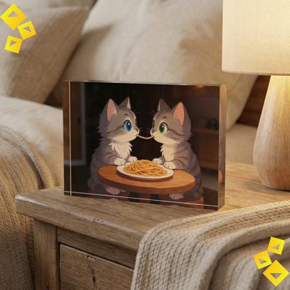 Photo Block - Romantic Cat Wall Art - Cute Kittens Sharing Spaghetti - Acrylic Photo Block for Cat Lovers & Cozy Home Decor