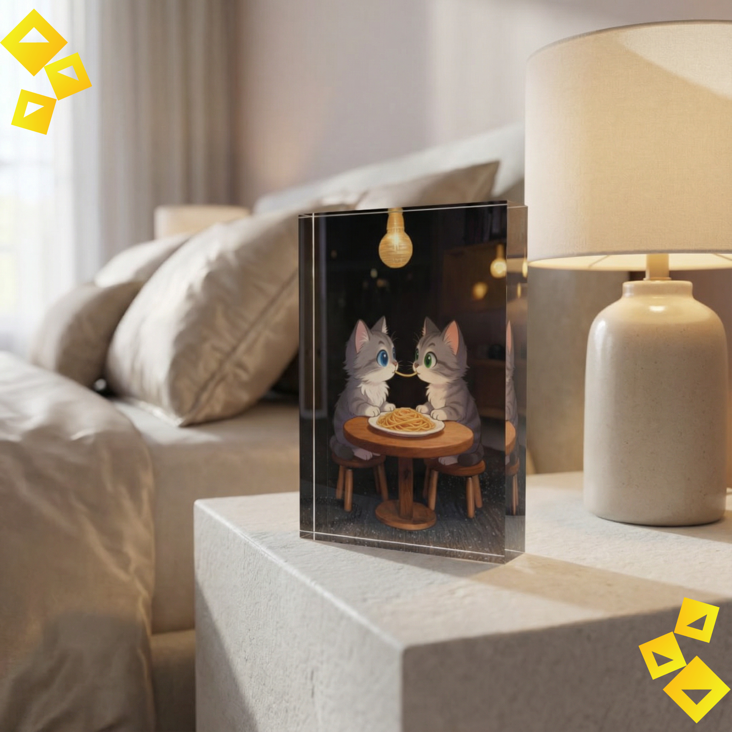 Photo Block - Romantic Cat Wall Art - Cute Kittens Sharing Spaghetti - Acrylic Photo Block for Cat Lovers & Cozy Home Decor