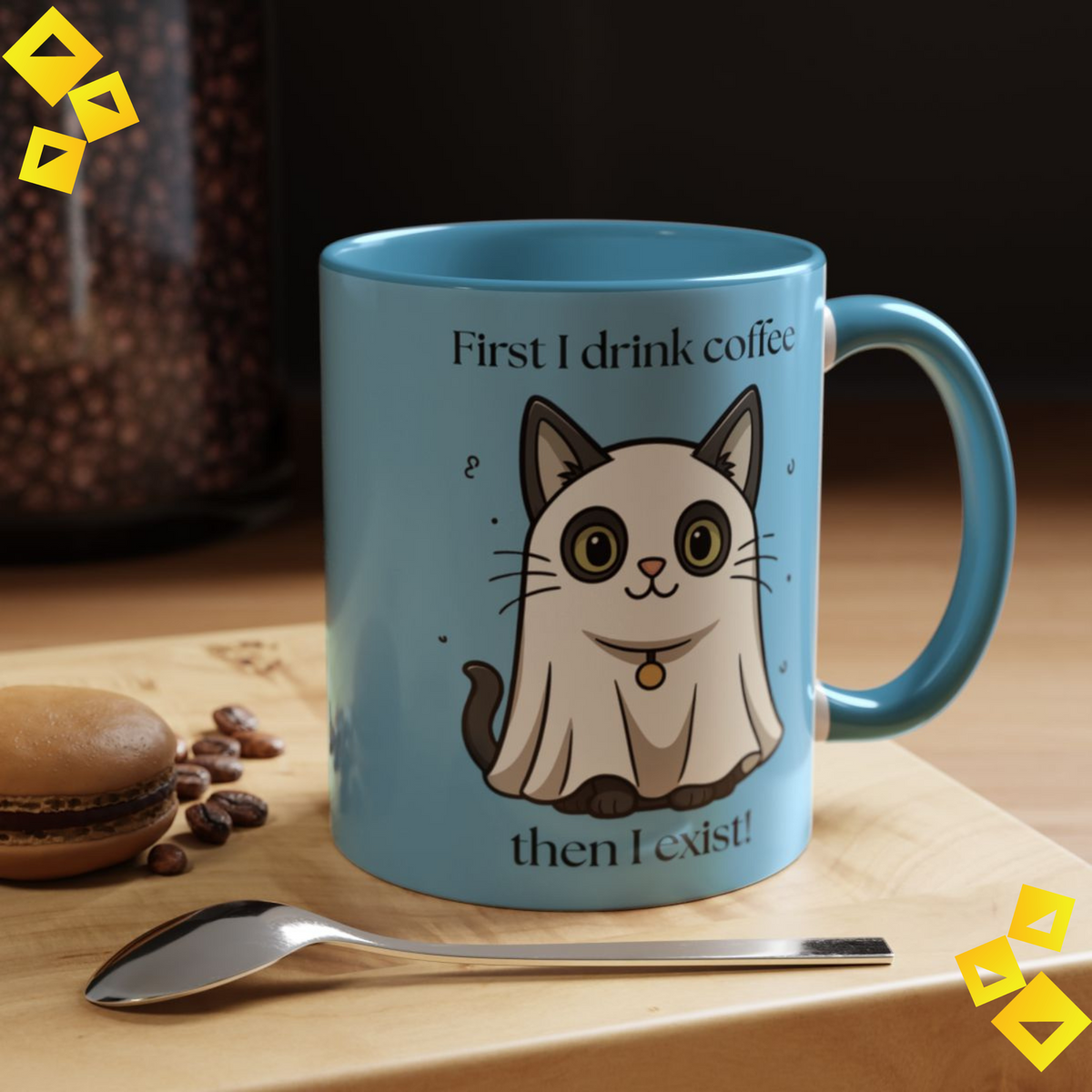 Accent Coffee Mug | Funny Grumpy Cat Design | "First I Drink Coffee Then I Exist" | Colorful Handle & Interior
