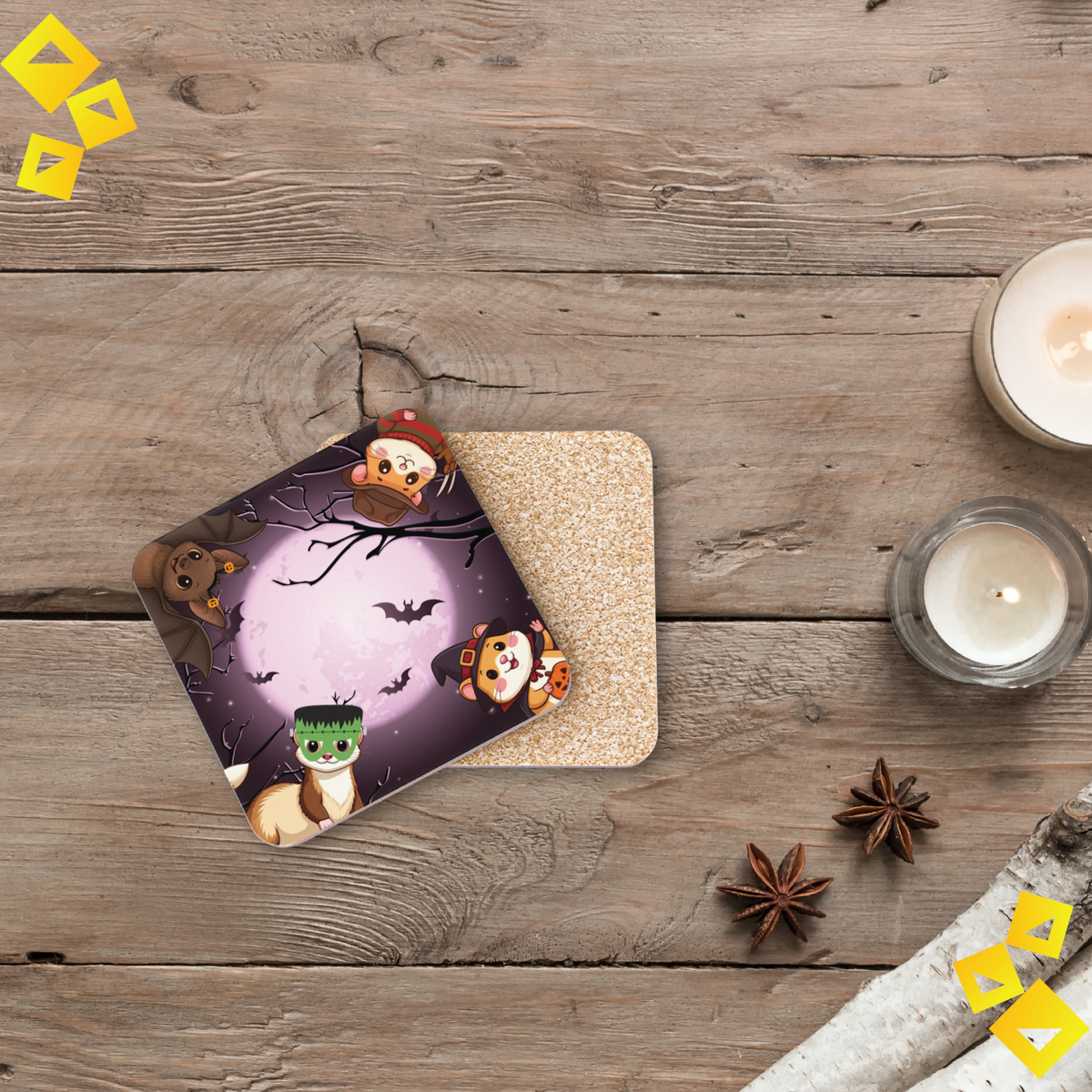 Halloween Coasters - Hamsters in Costumes with Moon & Bats - Spooky Cute Drink Coaster Set with Cork Backing