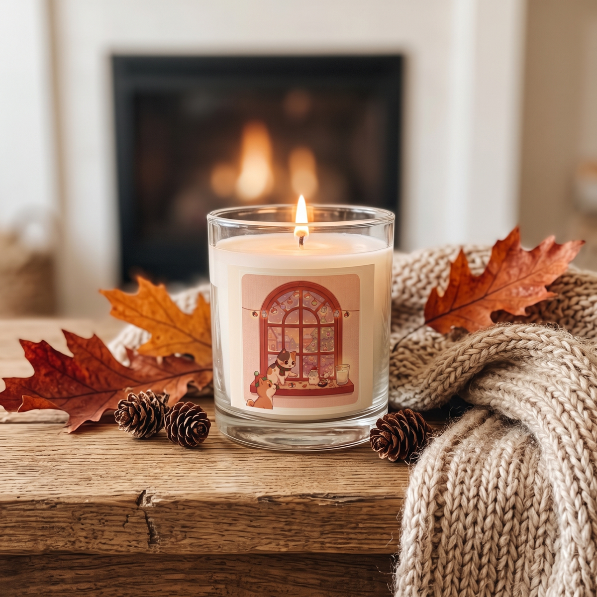 Cozy Window Cats Glass Candle | 11oz Soy Candle, Warm Autumn Vibes