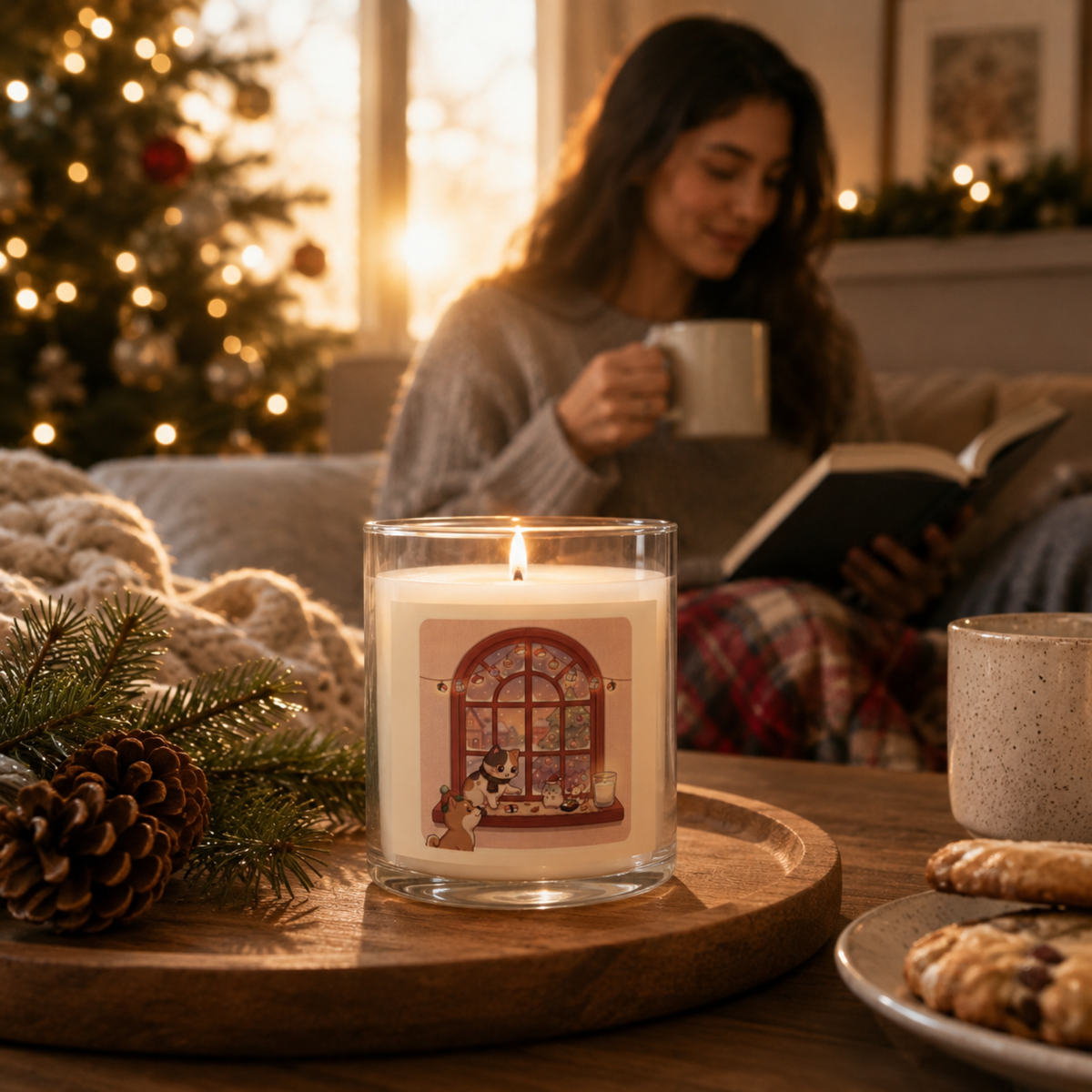 Cozy Window Cats Glass Candle | 11oz Soy Candle, Warm Autumn Vibes