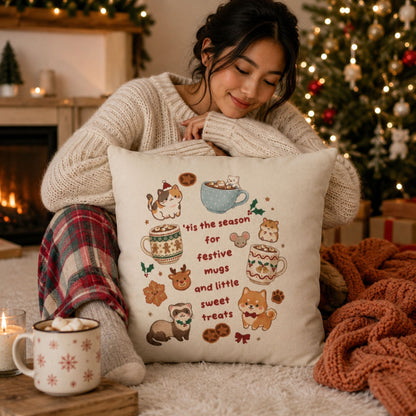 Festive Mugs and Sweet Treats Pillowcase | Holiday Cocoa Cat Dog Design