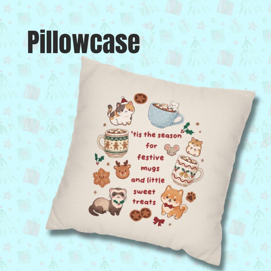 Festive Mugs and Sweet Treats Pillowcase | Holiday Cocoa Cat Dog Design