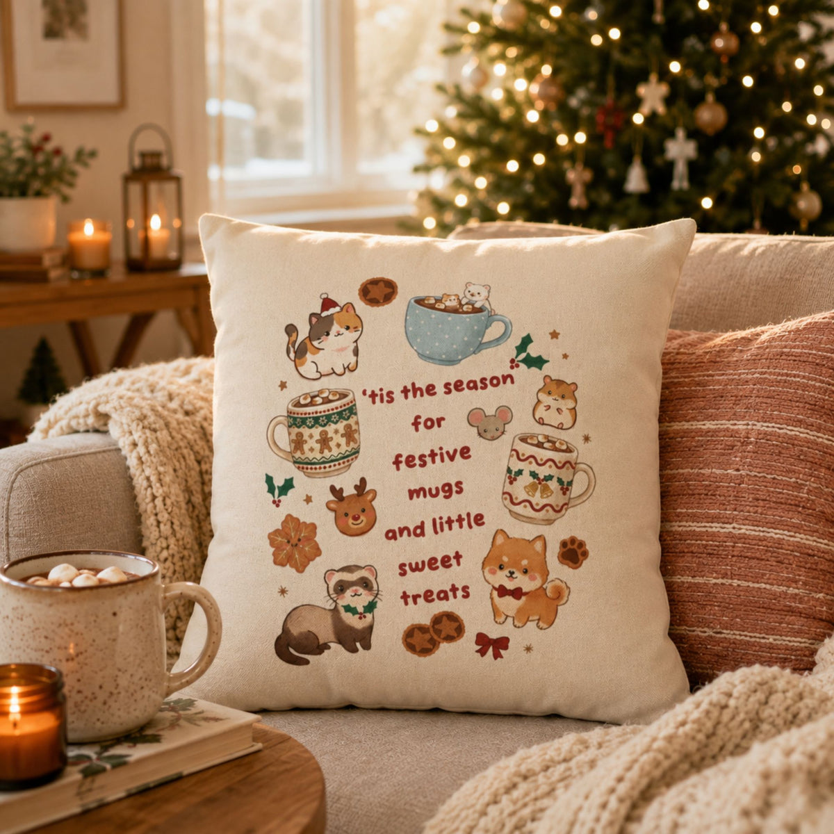 Festive Mugs and Sweet Treats Pillowcase | Holiday Cocoa Cat Dog Design