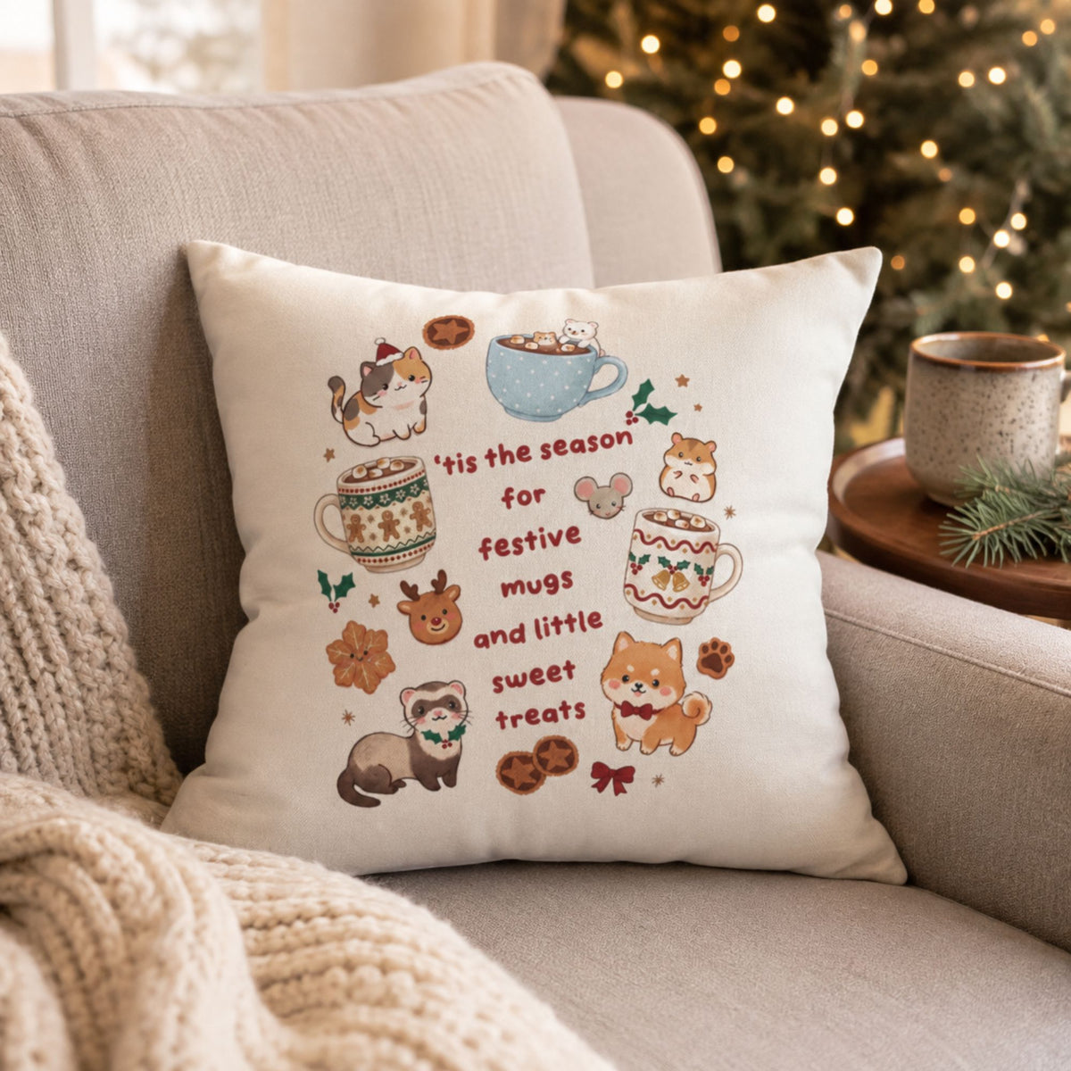 Festive Mugs and Sweet Treats Pillowcase | Holiday Cocoa Cat Dog Design