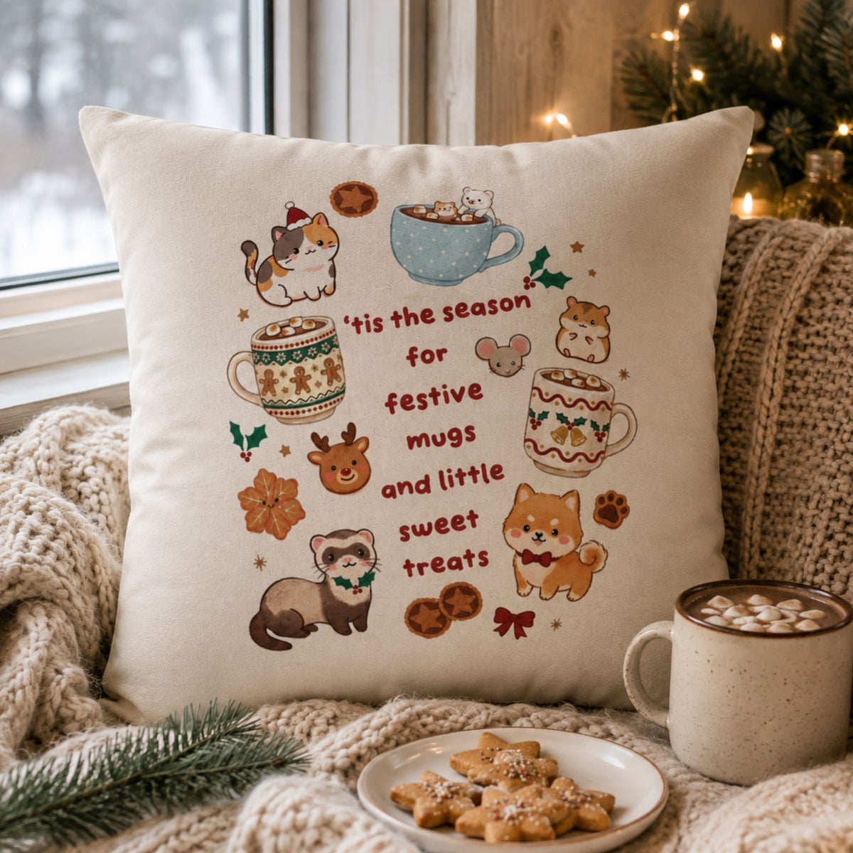 Festive Mugs and Sweet Treats Pillowcase | Holiday Cocoa Cat Dog Design