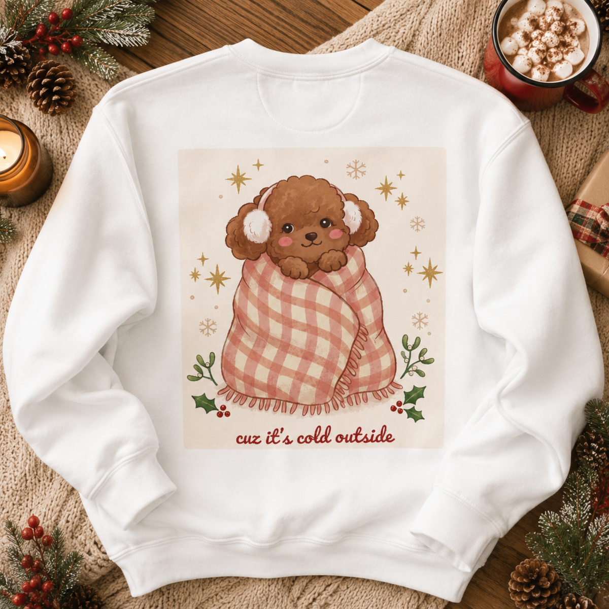 Cozy Puppy in Blanket Sweatshirt | holiday holly, 'cue it's cold outside'