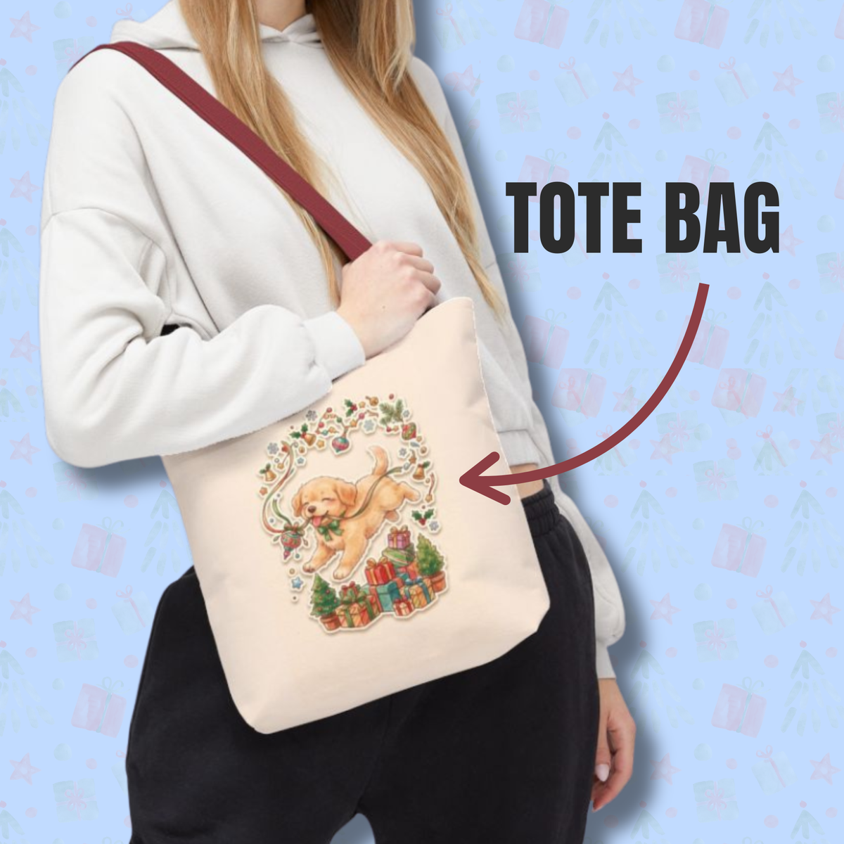 Playful Puppy with Holly and Gifts Tote Bag | Christmas Dog Holiday Design