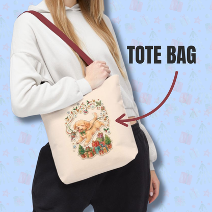 Playful Puppy with Holly and Gifts Tote Bag | Christmas Dog Holiday Design